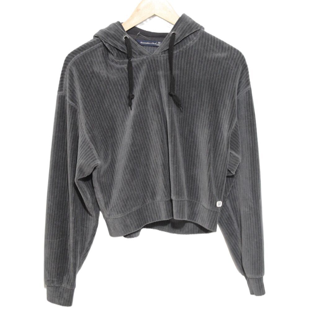 Womens Abercrombie & Fitch Grey Gray Cotton Ribbed Knit Cropped Hoodie Size XS